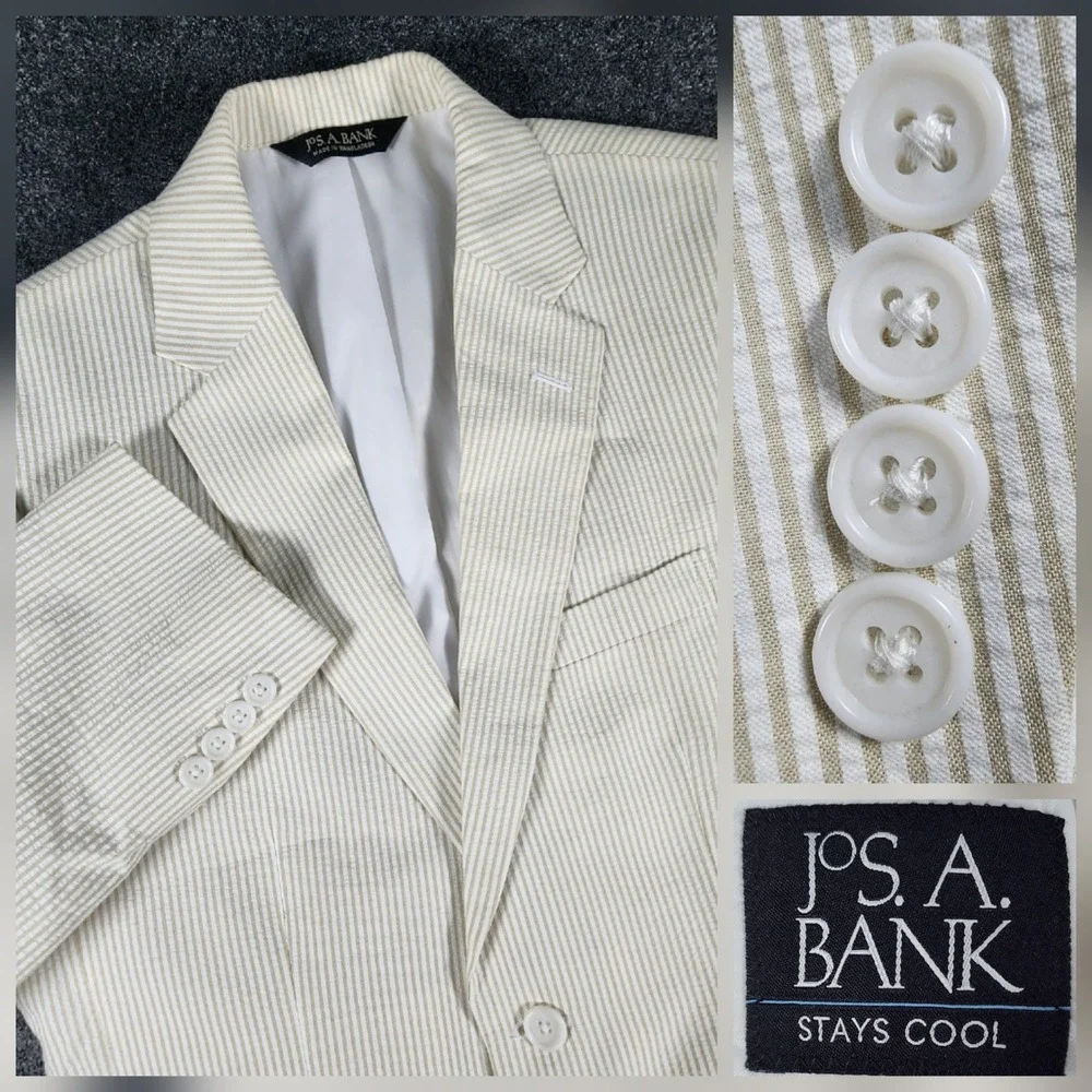 Jos. A. Bank Stays Cool Seersucker Blazer Mens 38R Tan White Striped Sport Coat
